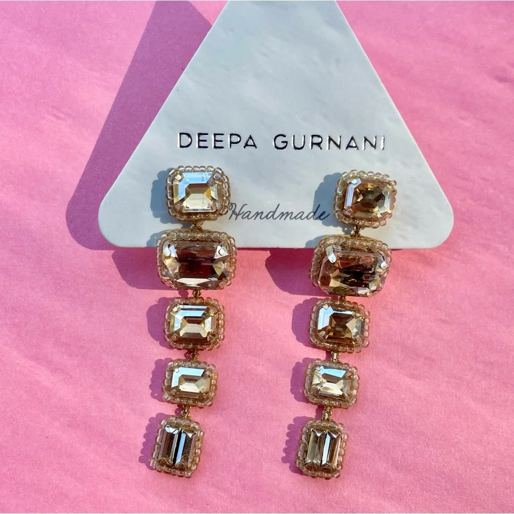 Deepa Gurnani Linear Crystal Drop Earrings Gold NWT - Picture 4 of 8